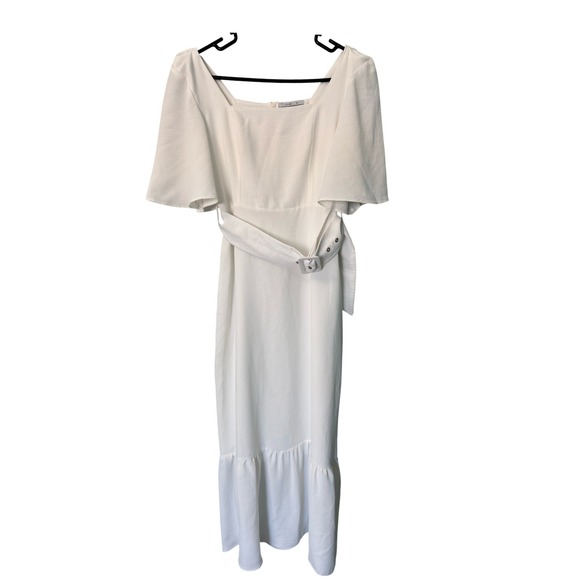 Cortelle Dresses & Skirts - Cortelle Midi Dress White Flutter Sleeve Belted Ruffle Hem Cottagecore Chic P